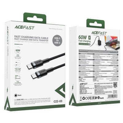 Кабель ACEFAST C22-03, Type-C to Type-C, 60W, 3A, 1.2m, Nylon Braid, Aluminum Alloy + TPE connectors, Black Кабель ACEFAST C22-03, Type-C to Type-C, 60W, 3A, 1.2m, Nylon Braid, Aluminum Alloy + TPE connectors, Black