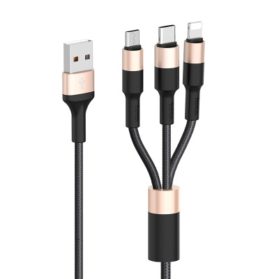 Кабель HOCO X26 USB to iP+Type-C+Micro 2A, 1m, nylon, aluminum connectors Black+Gold Кабель HOCO X26 USB to iP+Type-C+Micro 2A, 1m, nylon, aluminum connectors Black+Gold