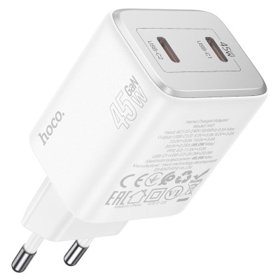 Мережевий зарядний пристрій з кабелем HOCO N42 Elogiado dual-port PD45W(2C) charger set(C to iP) White