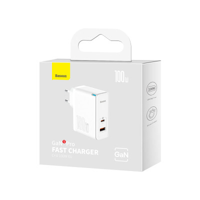 Мережевий зарядний пристрій Baseus GaN5 Pro Fast Charger C+U 100W EU White (With Mini White Cable Type-C to Type-C 100W(20V/5A) 1m White）
