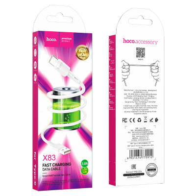 Кабель HOCO X83 USB to Type-C 3A, 1m, PVC, PVC connectors, White Кабель HOCO X83 USB to Type-C 3A, 1m, PVC, PVC connectors, White