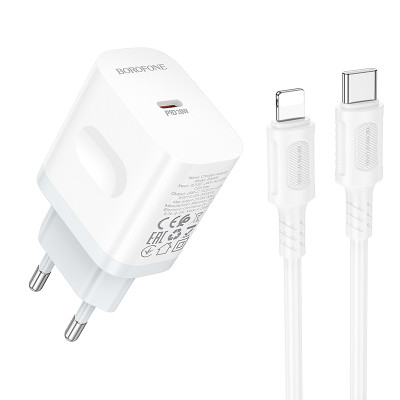 Мережевий зарядний пристрій з кабелем BOROFONE BA99A Breeze single port PD20W charger set(C to iP) White Мережевий зарядний пристрій з кабелем BOROFONE BA99A Breeze single port PD20W charger set(C to iP) White