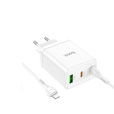 Мережевий зарядний пристрій HOCO N33 Start three-port PD35W(2C1A) charger set(C to iP) White Мережевий зарядний пристрій HOCO N33 Start three-port PD35W(2C1A) charger set(C to iP) White