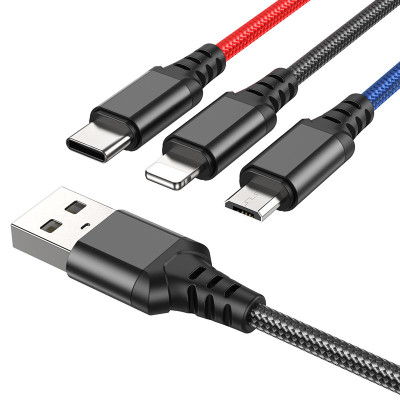 Кабель HOCO X76 USB to iP+Type-C+Micro 2A, 1m, nylon, aluminum connectors Black+Red+Blue Кабель HOCO X76 USB to iP+Type-C+Micro 2A, 1m, nylon, aluminum connectors Black+Red+Blue