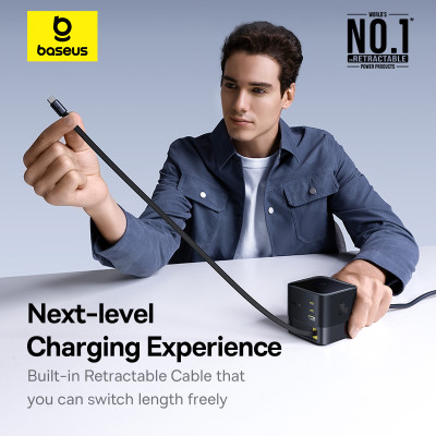 Мережевий зарядний пристрій Baseus Super GaN Desktop Charger with Retractable Cable 3C+U 100W EU Cosmic Black