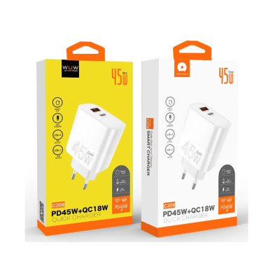 Мережевий зарядний пристрій WUW-C209 45W PD USB-C + USB QC3.0 18W white