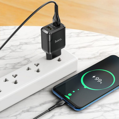 Мережевий зарядний пристрій HOCO N6 Charmer dual port QC3.0 charger set(Type-C) 18W Black Мережевий зарядний пристрій HOCO N6 Charmer dual port QC3.0 charger set(Type-C) 18W Black