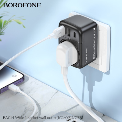 Мережевий фільтр BOROFONE BAC14 Wide 1-socket wall outlet (1C2A) (EU/GER) Black Мережевий фільтр BOROFONE BAC14 Wide 1-socket wall outlet (1C2A) (EU/GER) Black