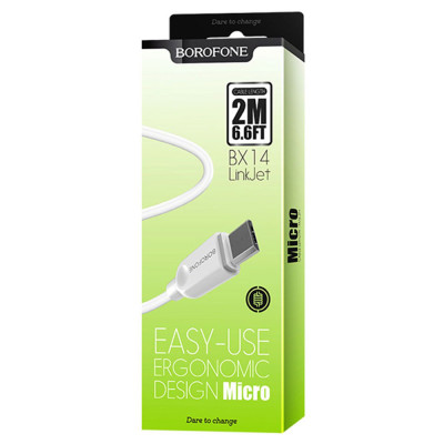 Кабель BOROFONE BX14 USB to Micro 2.4A, 2m, PVC, TPE connectors, White Кабель BOROFONE BX14 USB to Micro 2.4A, 2m, PVC, TPE connectors, White