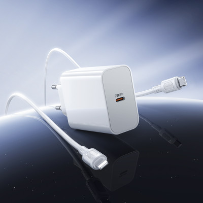 Мережевий зарядний пристрій з кабелем BOROFONE BA107A Stellar single port PD30W charger set (C to iP) (EU) White Мережевий зарядний пристрій з кабелем BOROFONE BA107A Stellar single port PD30W charger set (C to iP) (EU) White
