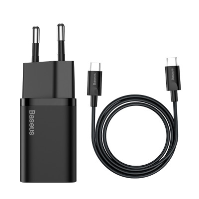 Мережевий зарядний пристрій з кабелем Baseus Super Si Quick Charger 1C 25W EU Sets Black（With Mini White Cable C to C 3A 1m Black）