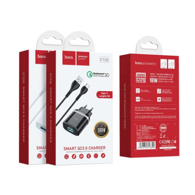 Мережевий зарядний пристрій з кабелем HOCO C12Q Smart QC3.0 charger set(Type-C) 18W Black Мережевий зарядний пристрій з кабелем HOCO C12Q Smart QC3.0 charger set(Type-C) 18W Black