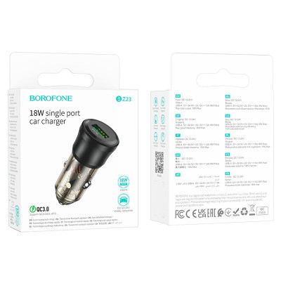 Автомобільний зарядний пристрій BOROFONE BZ23 Noble single-port QC3.0 car charger Transparent Black Автомобільний зарядний пристрій BOROFONE BZ23 Noble single-port QC3.0 car charger Transparent Black