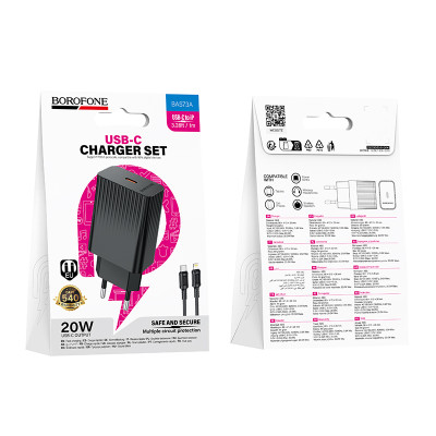 Мережевий зарядний пристрій з кабелем BOROFONE BAS73A Source single port PD20W charger set (C to iP) (EU) Black Мережевий зарядний пристрій з кабелем BOROFONE BAS73A Source single port PD20W charger set (C to iP) (EU) Black