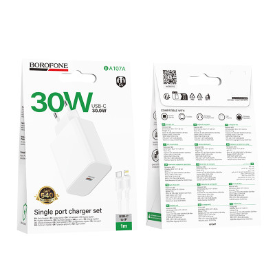 Мережевий зарядний пристрій з кабелем BOROFONE BA107A Stellar single port PD30W charger set (C to iP) (EU) White Мережевий зарядний пристрій з кабелем BOROFONE BA107A Stellar single port PD30W charger set (C to iP) (EU) White