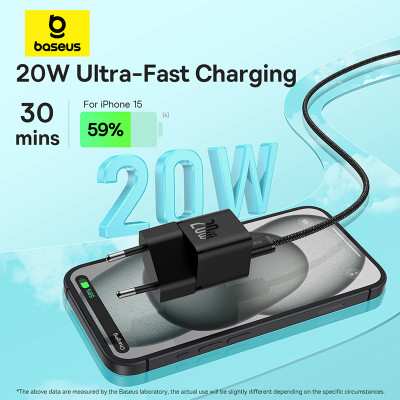 Мережевий зарядний пристрій з кабелем Baseus GaN5 Fast Charger(mini) 1C 20W EU Cluster Black(With: Fast Charging Data Cable Type-C)