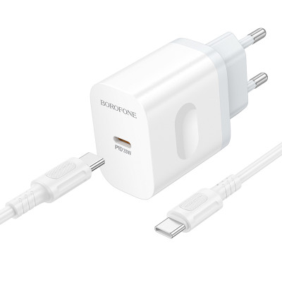 Мережевий зарядний пристрій з кабелем BOROFONE BA99A Breeze single port PD20W charger set(C to C) White Мережевий зарядний пристрій з кабелем BOROFONE BA99A Breeze single port PD20W charger set(C to C) White