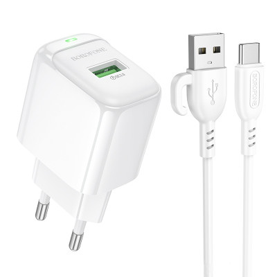 Мережевий зарядний пристрій з кабелем BOROFONE BAS42A Potential single-port QC3.0 charger set(Type-C) 18W White Мережевий зарядний пристрій з кабелем BOROFONE BAS42A Potential single-port QC3.0 charger set(Type-C) 18W White
