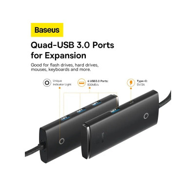 USB-хаб Baseus Lite Series 4-Port Type-C HUB Adapter (Type-C to USB 3.0*4 ) 1m Black
