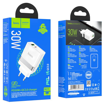 Мережевий зарядний пристрій HOCO N21 Topspeed PD30W+QC3.0 charger White