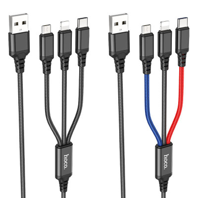 Кабель HOCO X76 USB to iP+Type-C+Micro 2A, 1m, nylon, aluminum connectors Black+Red+Blue Кабель HOCO X76 USB to iP+Type-C+Micro 2A, 1m, nylon, aluminum connectors Black+Red+Blue
