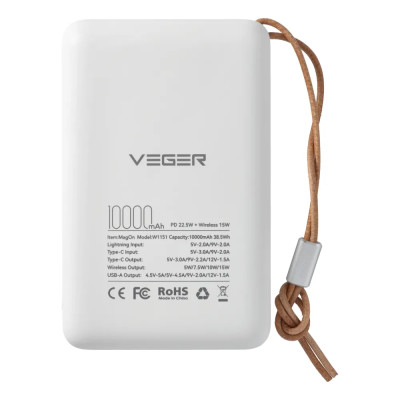 Зовнішній акумулятор VEGER 10000 mAh with wireless charging compatible with MagSafe PD QC3.0 2A 20W MagOn (VP1151 / W1151) white