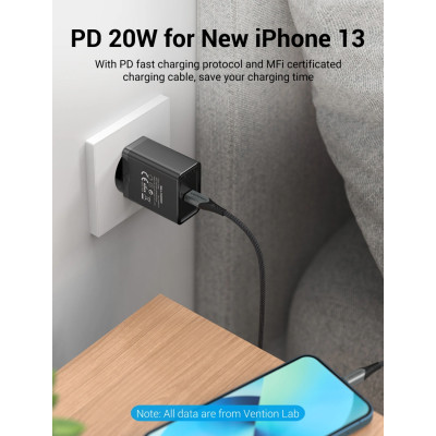 Мережевий зарядний пристрій Vention 1-port USB-C Wall Charger(20W) EU-Plug Black (FADB0-EU)