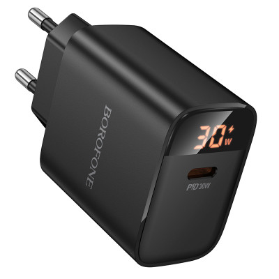 Мережевий зарядний пристрій BOROFONE BA97A Ilustre single-port PD30W charger with digital display (EU) Black Мережевий зарядний пристрій BOROFONE BA97A Ilustre single-port PD30W charger with digital display (EU) Black