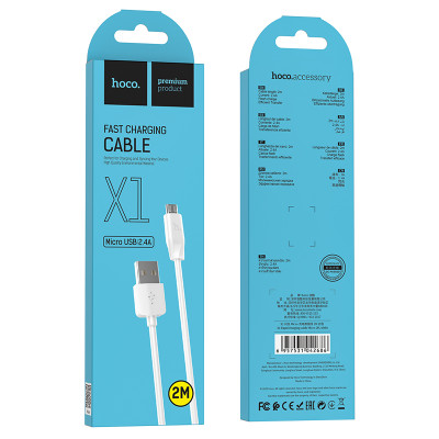 Кабель HOCO X1 USB to Micro  2.4A, 1m, PVC, PVC connectors, White