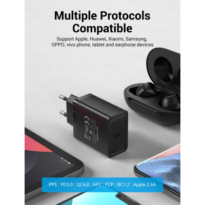 Мережевий зарядний пристрій Vention 1-port USB-C Wall Charger(20W) EU-Plug Black (FADB0-EU)