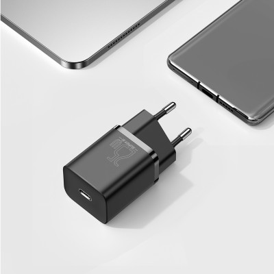 Мережевий зарядний пристрій з кабелем Baseus Super Si Quick Charger 1C 25W EU Sets Black（With Mini White Cable C to C 3A 1m Black）