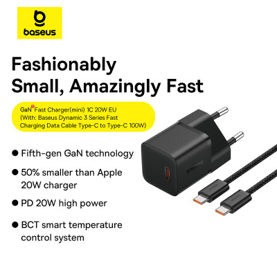 Мережевий зарядний пристрій з кабелем Baseus GaN5 Fast Charger(mini) 1C 20W EU Cluster Black(With: Fast Charging Data Cable Type-C)
