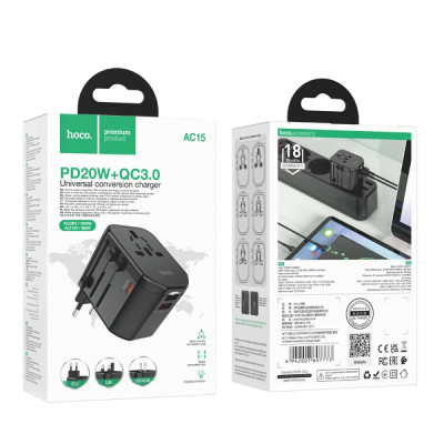 Універсальний зарядний пристрій HOCO AC15 Walker three-port PD20W(1C2A) universal conversion charger Black