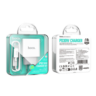 Мережевий зарядний пристрій HOCO C76A Pro Majestic single port PD30W charger set (Type-C to Type-C)(EU) White Мережевий зарядний пристрій HOCO C76A Pro Majestic single port PD30W charger set (Type-C to Type-C)(EU) White