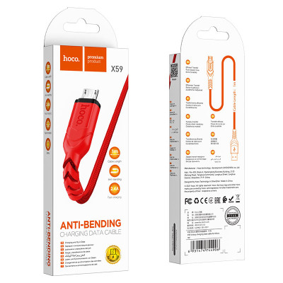 Кабель HOCO X59 USB to Micro 2.4A, 1m, nylon, TPE connectors, Red Кабель HOCO X59 USB to Micro 2.4A, 1m, nylon, TPE connectors, Red