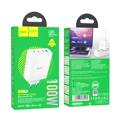 Мережевий зарядний пристрій HOCO N31 Leader PD100W four-port(3C1A) fast charger White Мережевий зарядний пристрій HOCO N31 Leader PD100W four-port(3C1A) fast charger White