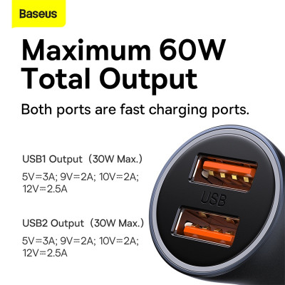 Автомобільний зарядний пристрій Baseus Golden Contactor Max Dual Fast Charger Car Charger U+U 60W Dark Gray