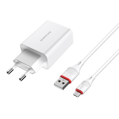 Мережевий зарядний пристрій з кабелем BOROFONE BA21A Long journey single port QC3.0 charger set(Micro) 18W White Мережевий зарядний пристрій з кабелем BOROFONE BA21A Long journey single port QC3.0 charger set(Micro) 18W White