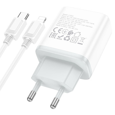 Мережевий зарядний пристрій з кабелем HOCO C105A Stage dual port PD20W+QC3.0 charger set (C to iP)(EU) White Мережевий зарядний пристрій з кабелем HOCO C105A Stage dual port PD20W+QC3.0 charger set (C to iP)(EU) White