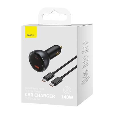 Автомобільний зарядний пристрій Baseus Digital Display PD3.1 Dual Fast Charger Car Charger U+C 140W Set Obsidian Black (With Superior Series Fast Char Автомобільний зарядний пристрій Baseus Digital Display PD3.1 Dual Fast Charger Car Charger U+C 140W Set Obsidian Black (With Superior Series Fast Char