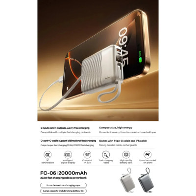 Зовнішній акумулятор REMAX 22.5W Fast Charging Cables Power Bank 20000mAh FC-06 grey Зовнішній акумулятор REMAX 22.5W Fast Charging Cables Power Bank 20000mAh FC-06 grey