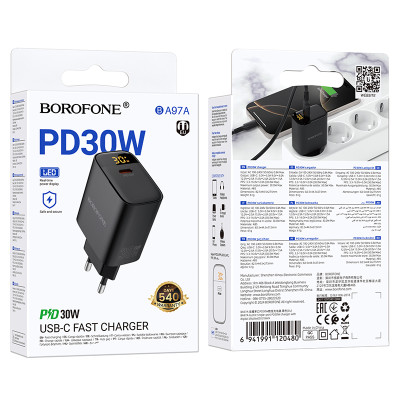 Мережевий зарядний пристрій BOROFONE BA97A Ilustre single-port PD30W charger with digital display (EU) Black Мережевий зарядний пристрій BOROFONE BA97A Ilustre single-port PD30W charger with digital display (EU) Black
