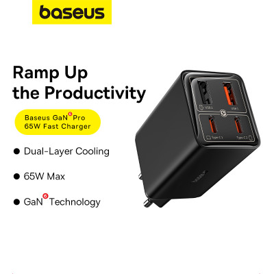 Мережевий зарядний пристрій з кабелем Baseus GaN6 Pro Fast Charger 2C+2U 65W  EU Cluster Black((With Type-C to Type-C 100W(20V/5A) 1m Black）