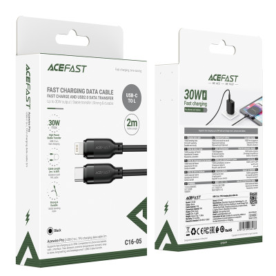 Кабель ACEFAST C16-05, USB to iP, 30W, 2m,TPU, TPU connectors, Black