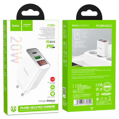 Мережевий зарядний пристрій HOCO C100A PD20W+QC3.0 charger with digital display White Мережевий зарядний пристрій HOCO C100A PD20W+QC3.0 charger with digital display White