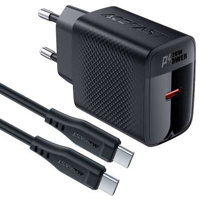 Мережевий зарядний пристрій з кабелем ACEFAST A82 PD20W GaN single USB-C charger set (P5) (EU) Black