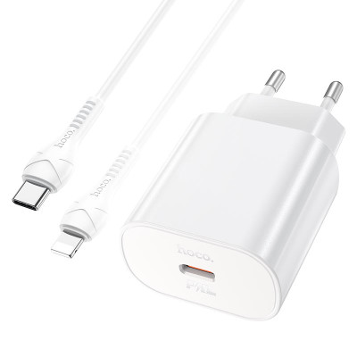 Мережевий зарядний пристрій з кабелем HOCO N22 Jetta PD25W charger set (Type-C to iP)(EU) White Мережевий зарядний пристрій з кабелем HOCO N22 Jetta PD25W charger set (Type-C to iP)(EU) White
