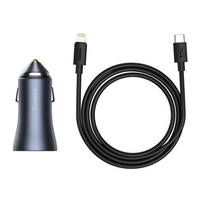 Автомобільний зарядний пристрій Baseus Golden Contactor Pro Dual Car Charger U+C 40W (With Cable Type-C/ iP 1m) Dark Grey Автомобільний зарядний пристрій Baseus Golden Contactor Pro Dual Car Charger U+C 40W (With Cable Type-C/ iP 1m) Dark Grey