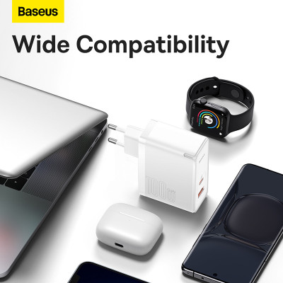 Мережевий зарядний пристрій Baseus GaN5 Pro Fast Charger C+U 100W EU White (With Mini White Cable Type-C to Type-C 100W(20V/5A) 1m White）