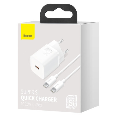 Мережевий зарядний пристрій з кабелем Baseus Super Si Quick Charger 1C 25W EU Sets White（ Mini White Cable Type-C to Type-C 3A 1m White）